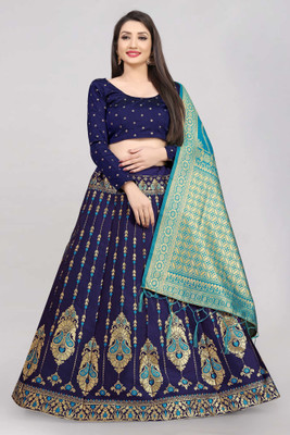 Divastri Self Design Semi Stitched Lehenga Choli(Light Green, Dark Blue)