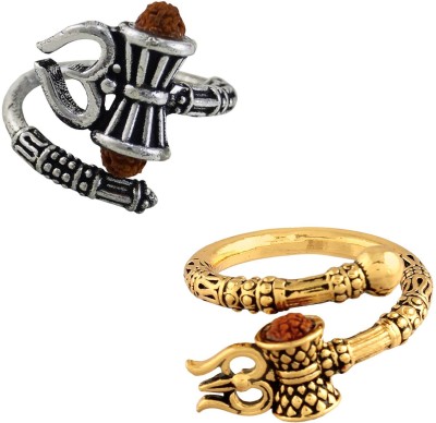 Utkarsh (Set Of 2 Pcs) Adjustable (Multicolor) Stylish Trending Rudraksha Oxidized Silver & Golden Plated Mahakal Shiva Trishul Damroo Designer Bahubali Cuff Finger Ring Stainless Steel Silver, Gold Plated Ring