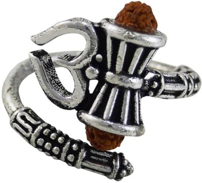 Stylewell Adjustable Stylish Trending Rudraksha Oxidized Silver Plated Mahakal Shiva Trishul Damroo Designer Bahubali Cuff Finger Ring (Free Size) Stainless Steel Silver Plated Ring