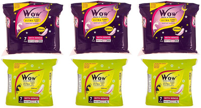 WOW Combo Pack of Ultra Jumbo Nighter and Ultra Super Plus XL and XXL Pads/Napkins for Women Ultra Thin Dry Coverage Organic and Rashes Free Disposable Pads- (Pack of 3 each) Sanitary Pad(Pack of 7)
