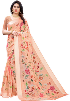 Fabwomen Printed Daily Wear Cotton Linen Blend Saree (Orange)