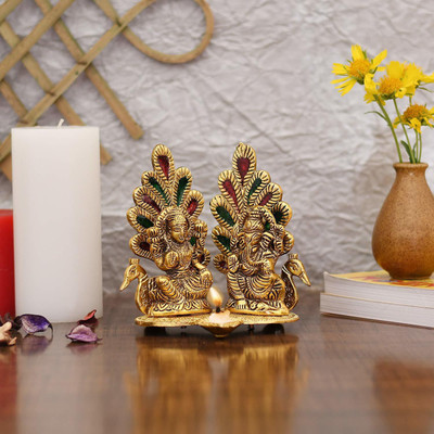 Koolwal craft Laxmi Ganesh Idol Diya Peacock Design Decorative Showpiece  -  16 cm(Metal, Aluminium, Multicolor)