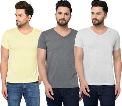Adorbs Solid Men V Neck White, Grey, Yellow T-Shirt