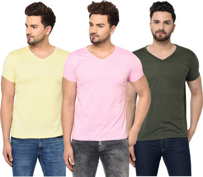 Jangoboy Solid Men V Neck Dark Green, Pink, Yellow T-Shirt