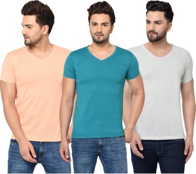 Bribzy Solid Men V Neck Green, Beige, Grey T-Shirt