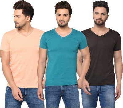 Jaskart Solid Men V Neck Light Blue, Brown, Orange T-Shirt