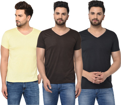 Jangoboy Solid Men V Neck Brown, Black, Yellow T-Shirt