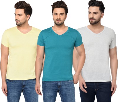 Tivy Solid Men V Neck White, Blue, Yellow T-Shirt