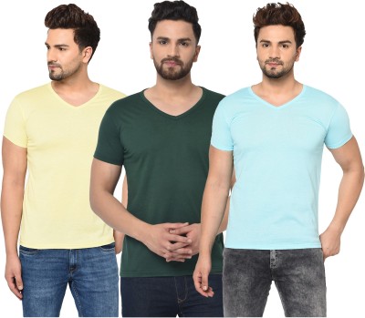 Bribzy Solid Men V Neck Light Blue, Dark Green, Yellow T-Shirt