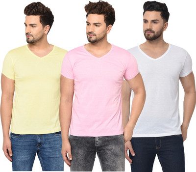 Jangoboy Solid Men V Neck White, Pink, Yellow T-Shirt