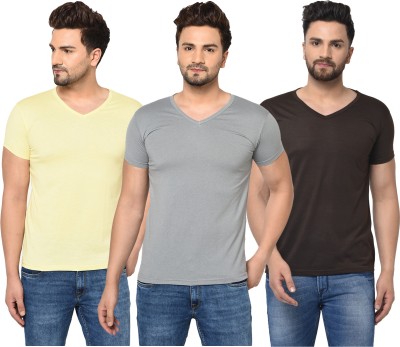 Bribzy Solid Men V Neck Brown, Grey, Yellow T-Shirt