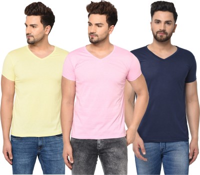 Adorbs Solid Men V Neck Dark Blue, Pink, Yellow T-Shirt