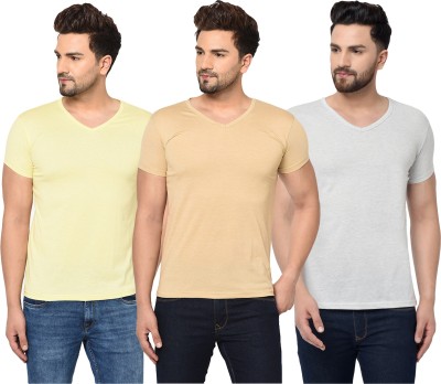 Jangoboy Solid Men V Neck Beige, Grey, Yellow T-Shirt