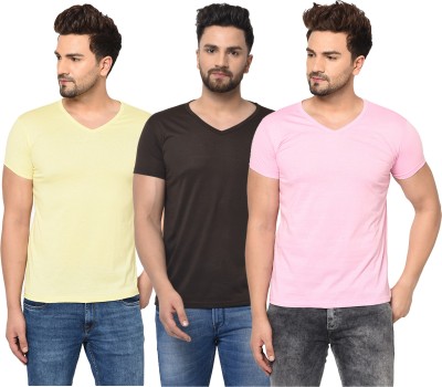 Bribzy Solid Men V Neck Brown, Pink, Yellow T-Shirt