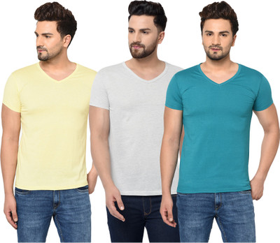 Jaskart Solid Men V Neck Light Blue, Grey, Yellow T-Shirt