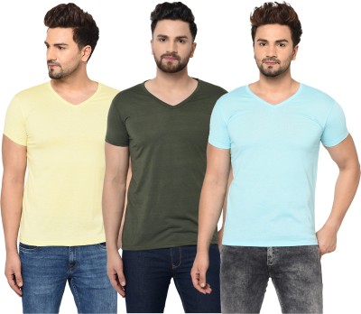 Tivy Solid Men V Neck Dark Green, Light Blue, Yellow T-Shirt