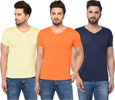 Jangoboy Solid Men V Neck Blue, Orange, Yellow T-Shirt
