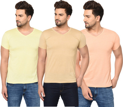 Jaskart Solid Men V Neck Beige, Yellow T-Shirt