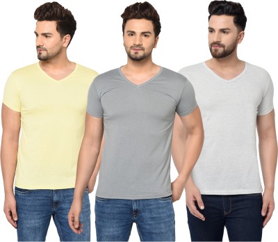 Adorbs Solid Men V Neck Grey, Yellow T-Shirt