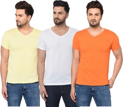 Jaskart Solid Men V Neck White, Orange, Yellow T-Shirt