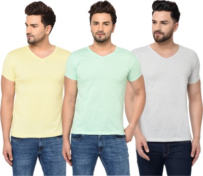 Jaskart Solid Men V Neck Grey, Yellow, Light Green T-Shirt