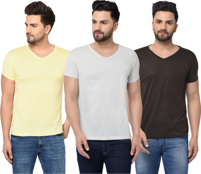 Jangoboy Solid Men V Neck White, Black, Yellow T-Shirt