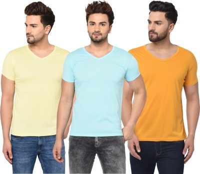 Unite Wear Solid Men V Neck Light Blue, Yellow T-Shirt