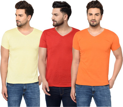 Jangoboy Solid Men V Neck Red, Orange, Yellow T-Shirt
