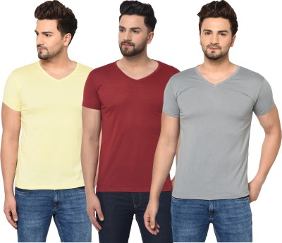 Adorbs Solid Men V Neck Maroon, Grey, Yellow T-Shirt