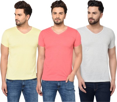 Bribzy Solid Men V Neck Pink, Grey, Yellow T-Shirt