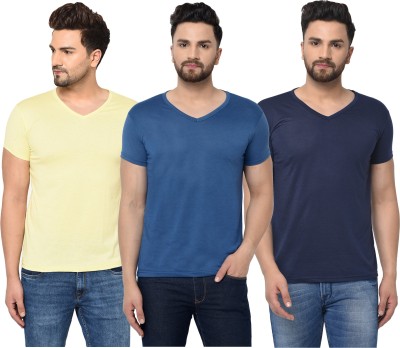 Tivy Solid Men V Neck Dark Blue, Blue, Yellow T-Shirt