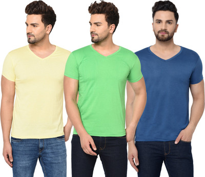 Adorbs Solid Men V Neck Dark Blue, Yellow, Light Green T-Shirt
