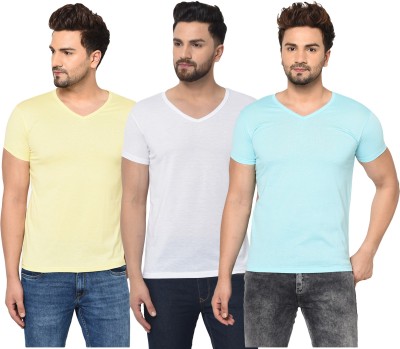 Adorbs Solid Men V Neck Light Blue, White, Yellow T-Shirt