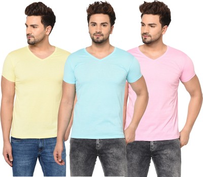 Bribzy Solid Men V Neck Light Blue, Pink, Yellow T-Shirt