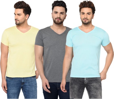 Jaskart Solid Men V Neck Light Blue, Grey, Yellow T-Shirt