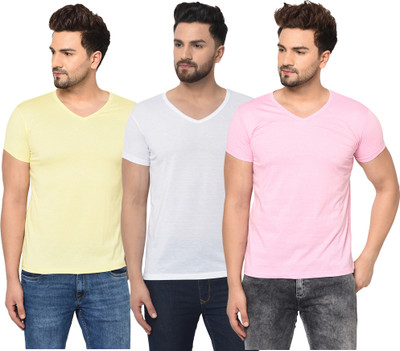 Bribzy Solid Men V Neck White, Pink, Yellow T-Shirt