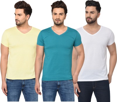 Tivy Solid Men V Neck Light Blue, White, Yellow T-Shirt