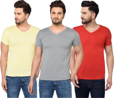 Tivy Solid Men V Neck Red, Grey, Yellow T-Shirt