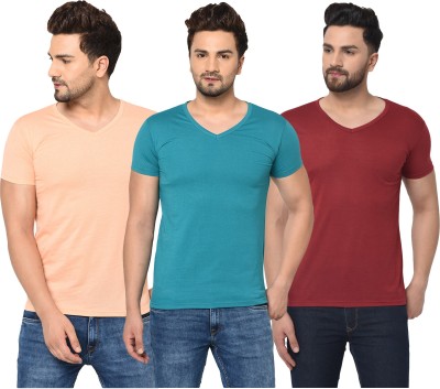 Jaskart Solid Men V Neck Green, Maroon, Beige T-Shirt