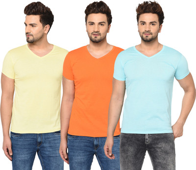 Adorbs Solid Men V Neck Light Blue, Orange, Yellow T-Shirt