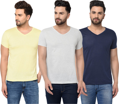 Jangoboy Solid Men V Neck Dark Blue, Grey, Yellow T-Shirt