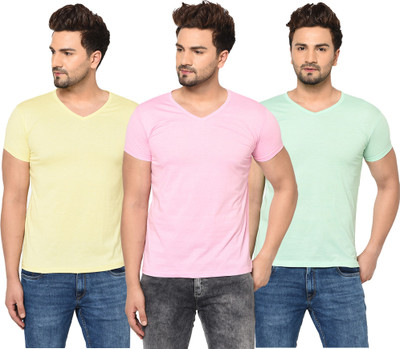 Adorbs Solid Men V Neck Pink, Yellow, Light Green T-Shirt