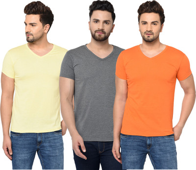 Jangoboy Solid Men V Neck Orange, Grey, Yellow T-Shirt