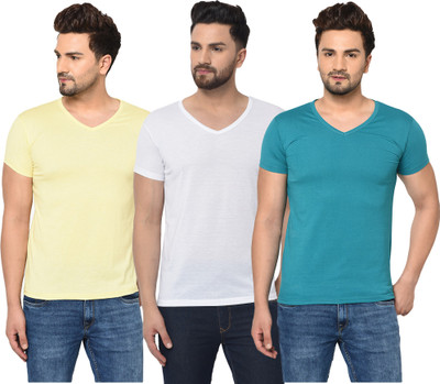 Jangoboy Solid Men V Neck White, Blue, Yellow T-Shirt