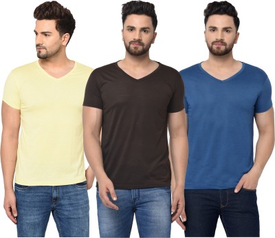 Jangoboy Solid Men V Neck Blue, Brown, Yellow T-Shirt