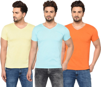 Adorbs Solid Men V Neck Light Blue, Orange, Yellow T-Shirt