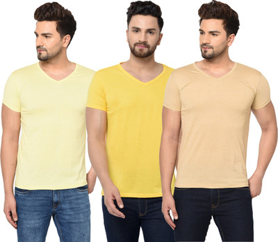 Jangoboy Solid Men V Neck Beige, Yellow T-Shirt