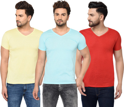 Jangoboy Solid Men V Neck Light Blue, Red, Yellow T-Shirt