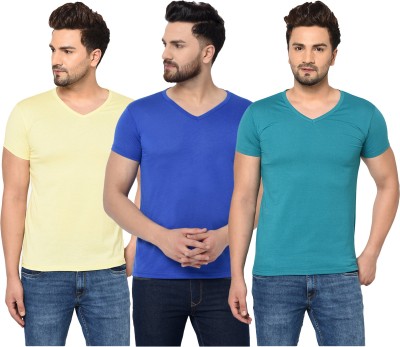 Bribzy Solid Men V Neck Dark Blue, Light Blue, Yellow T-Shirt