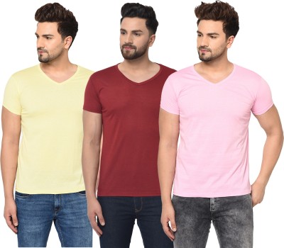 Jaskart Solid Men V Neck Maroon, Pink, Yellow T-Shirt